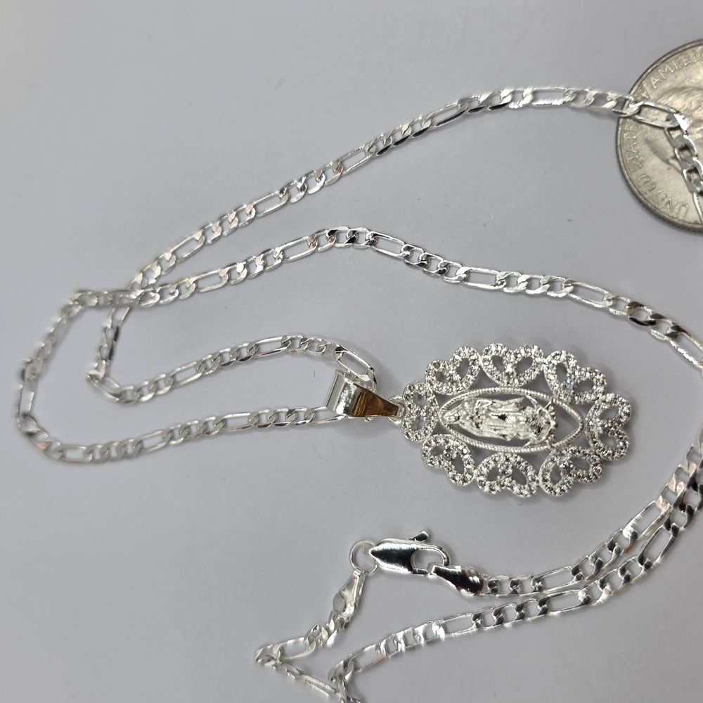 Silver Filigree Pendant Necklace with Figaro Chain